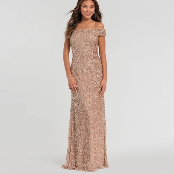 Adrianna Papell Sequin Off The Shoulder Gown - Picture 1 of 12